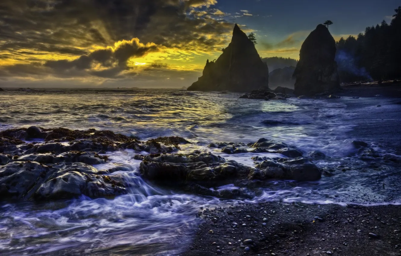 Photo wallpaper sea, beach, clouds, sunset, rocks
