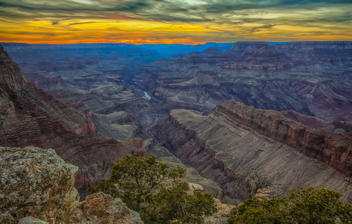 Photo wallpaper the sky, clouds, sunset, mountains, canyon, glow