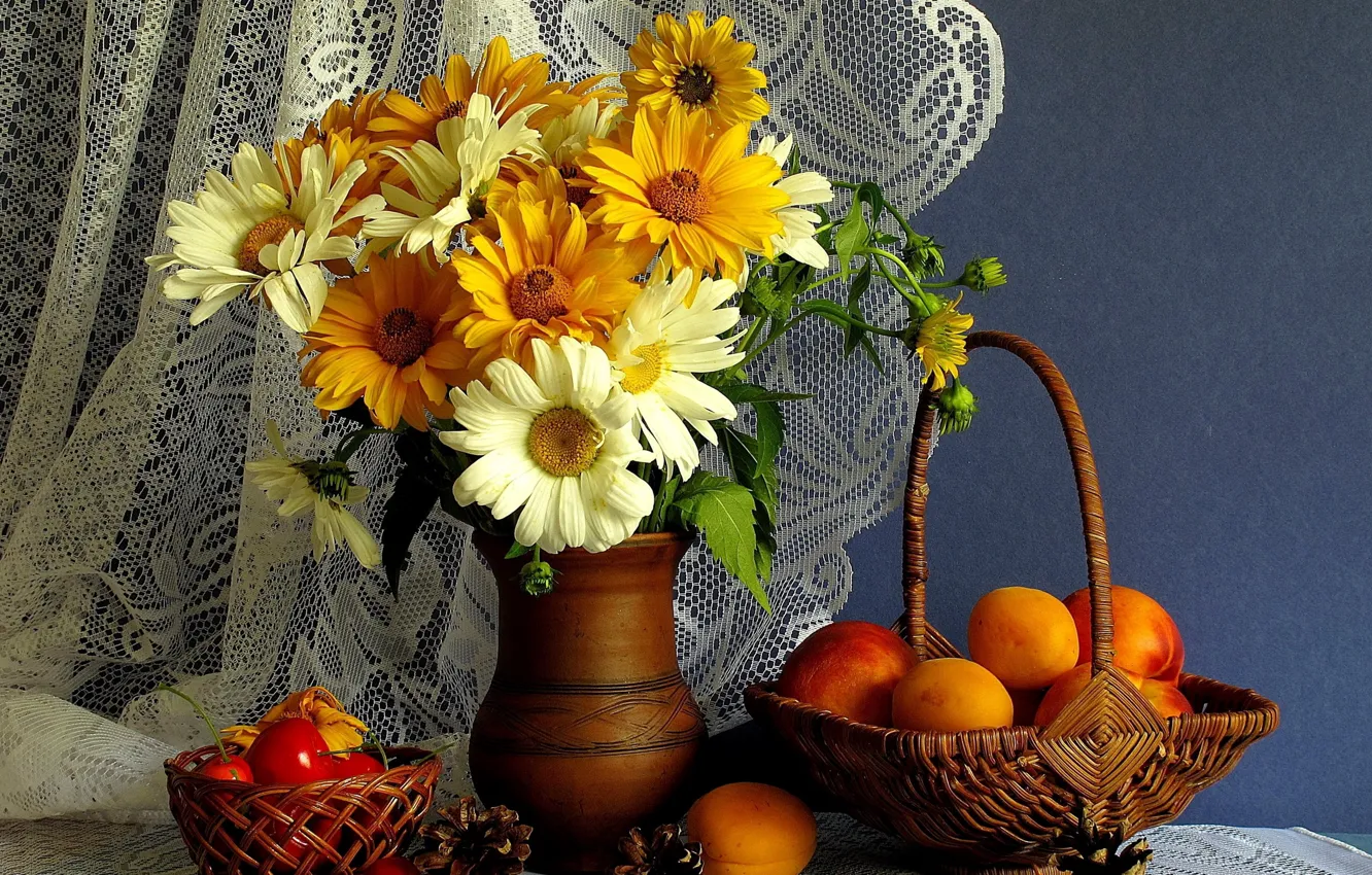 Photo wallpaper flowers, basket, peaches, bumps, tulle