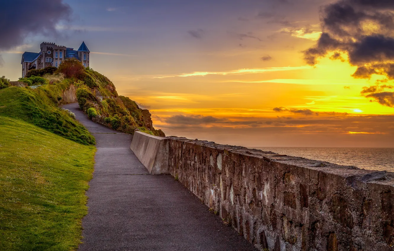 Photo wallpaper Devon, sea, sunset, hill