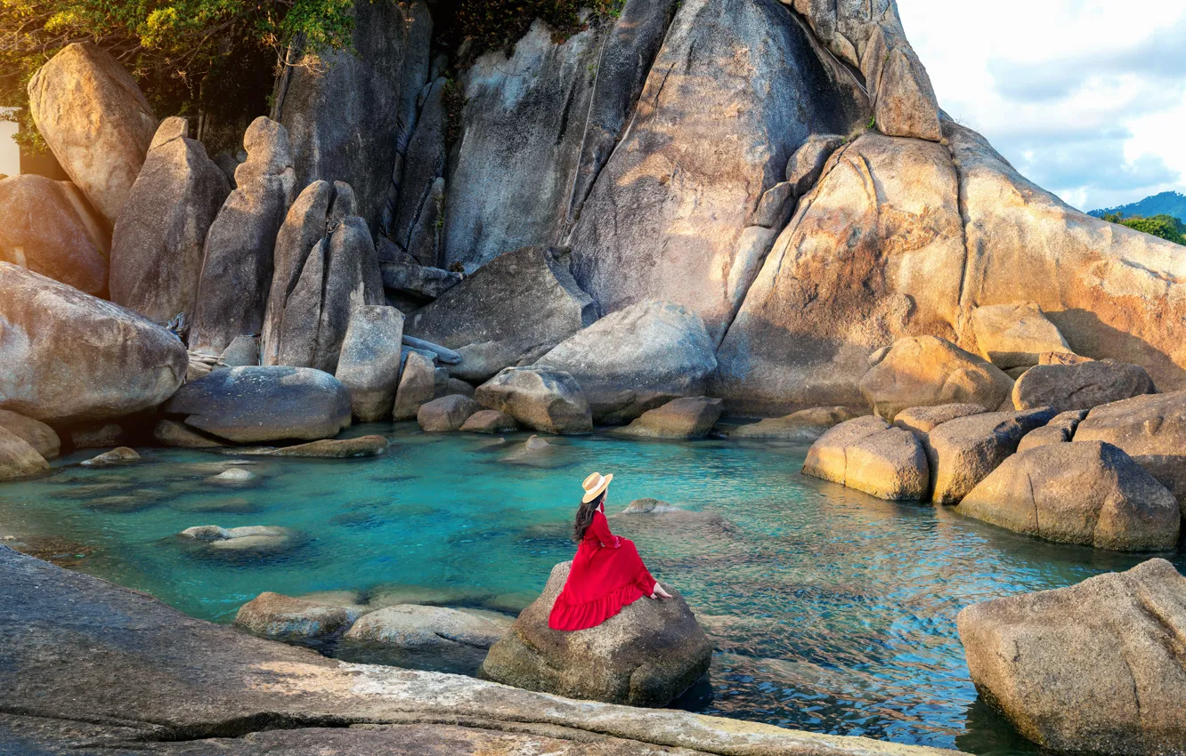 Photo wallpaper girl, nature, rocks, shore, hat, pond