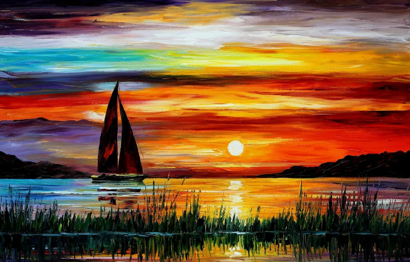 Photo wallpaper sea, sunset, boat, picture, florida, leonid afremov