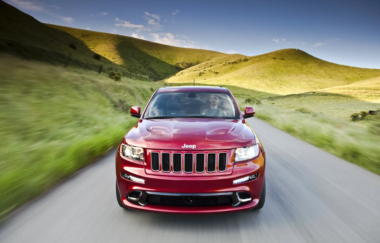 Photo wallpaper Red, The hood, Hills, Lights, Driver, Jeep, The front, Dog