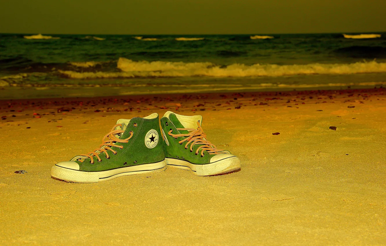 Photo wallpaper sand, sea, wave, green, coast, sneakers, converse, shoes sneakers