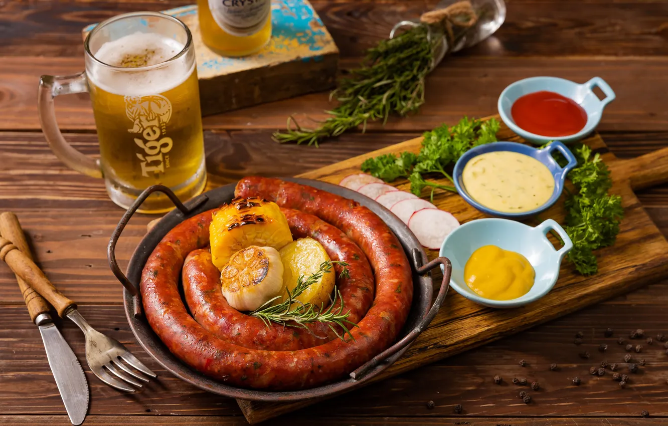 Photo wallpaper beer, sauce, parsley, sausage, garlic, rosemary