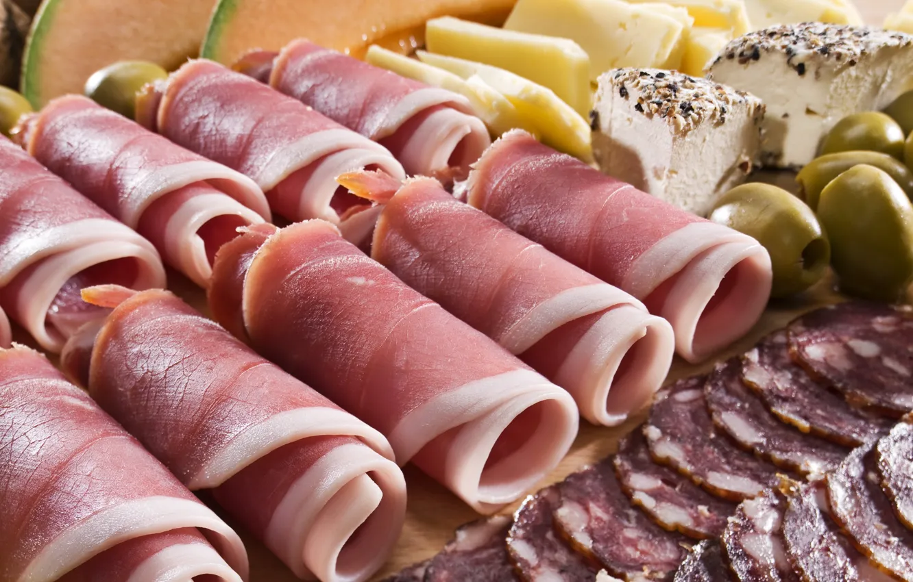 Photo wallpaper meat, olives, sausage
