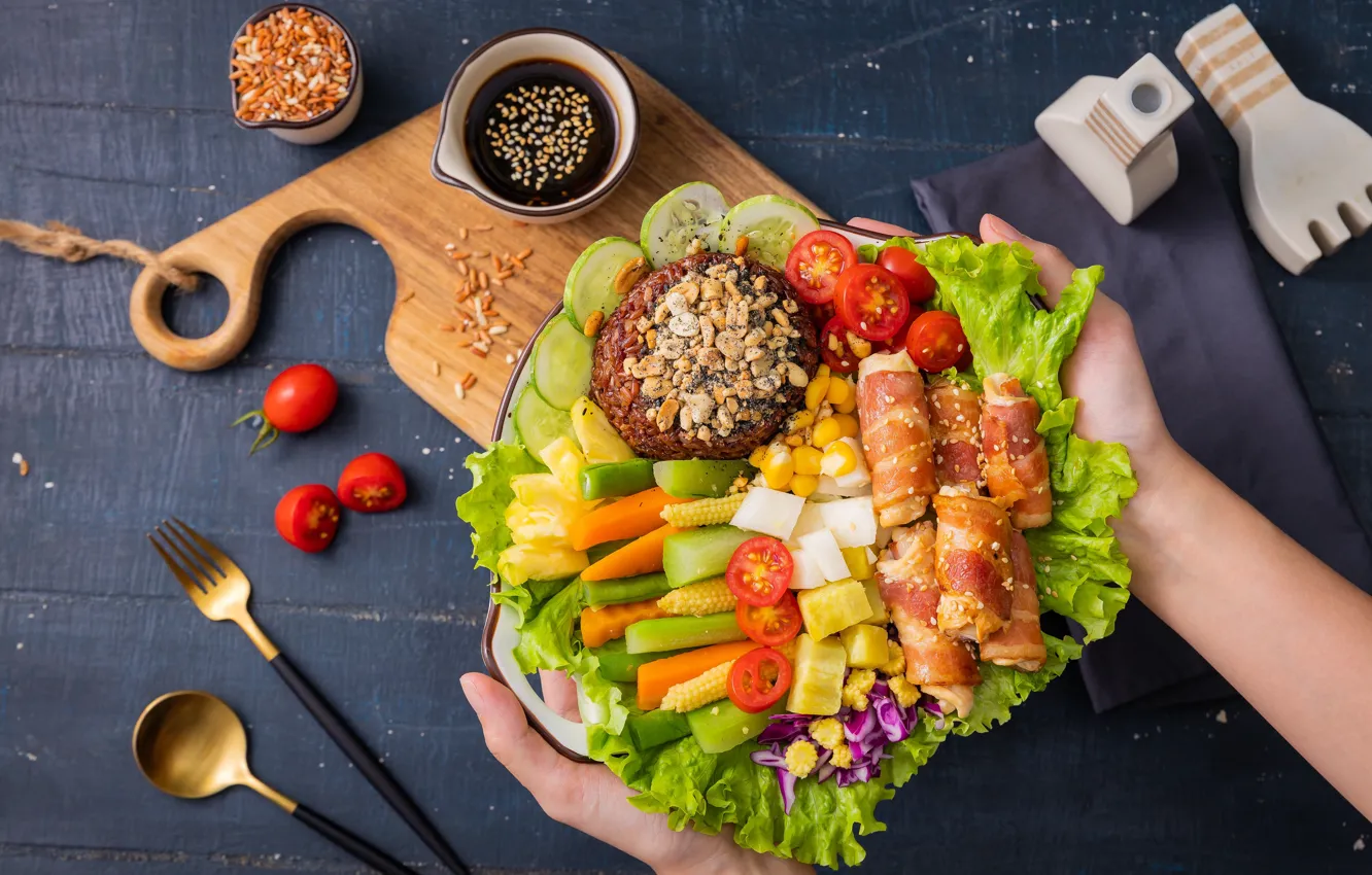 Photo wallpaper vegetables, sauce, spices, rolls