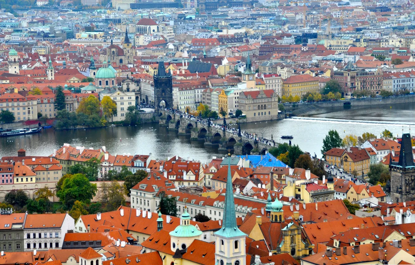 Photo wallpaper river, Prague, Czech Republic, panorama, Vltava, Charles bridge