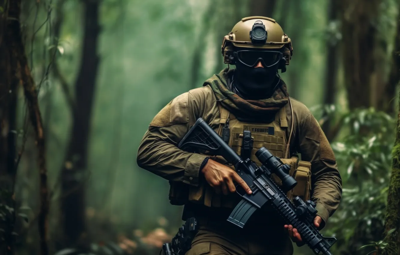 Photo wallpaper trees, glasses, soldiers, machine, male, helmet, digital art, AI art