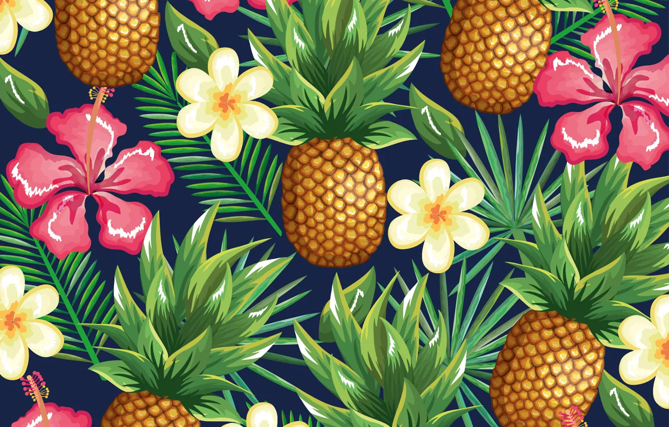 Photo wallpaper flowers, background, pineapple, flowers, pattern, pineapple, tropical, tropic