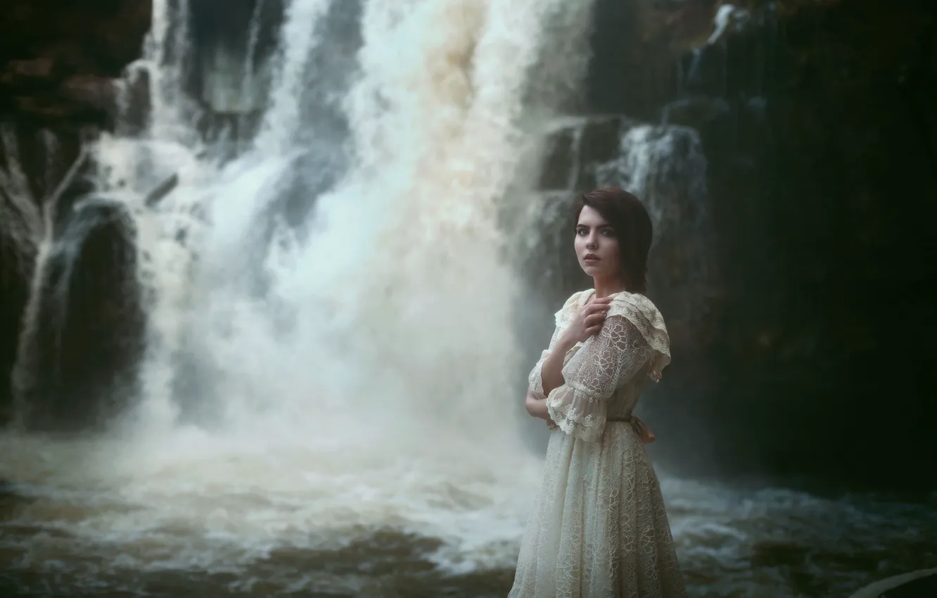 Photo wallpaper girl, waterfall, dress, Aleah Michele