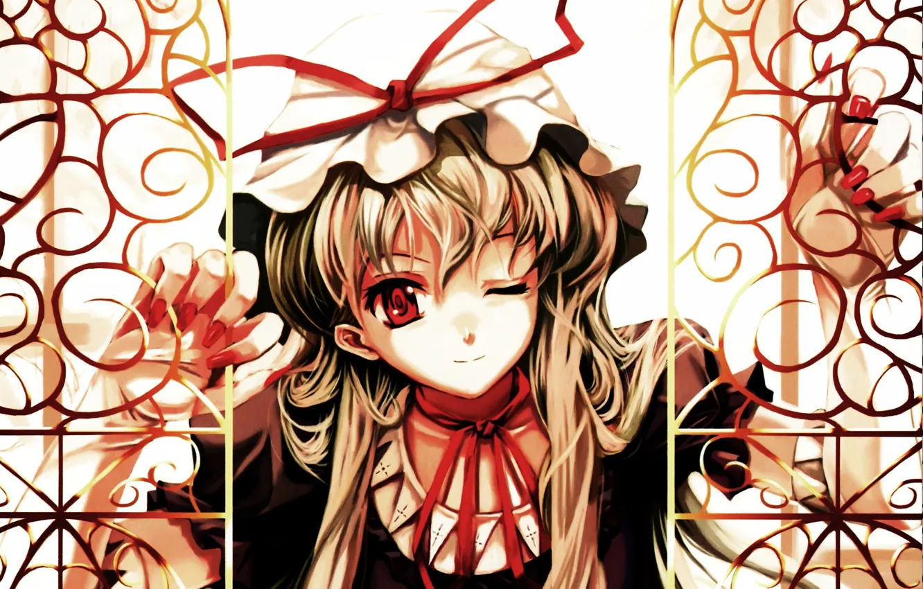 Photo wallpaper face, grille, red eyes, cap, long hair, wink, manicure, red bow