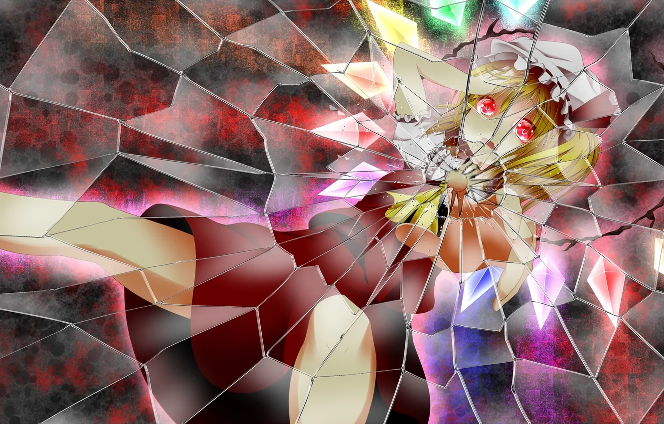 Photo wallpaper look, glass, girl, wings, touhou, art, crack, Flandre Scarlet