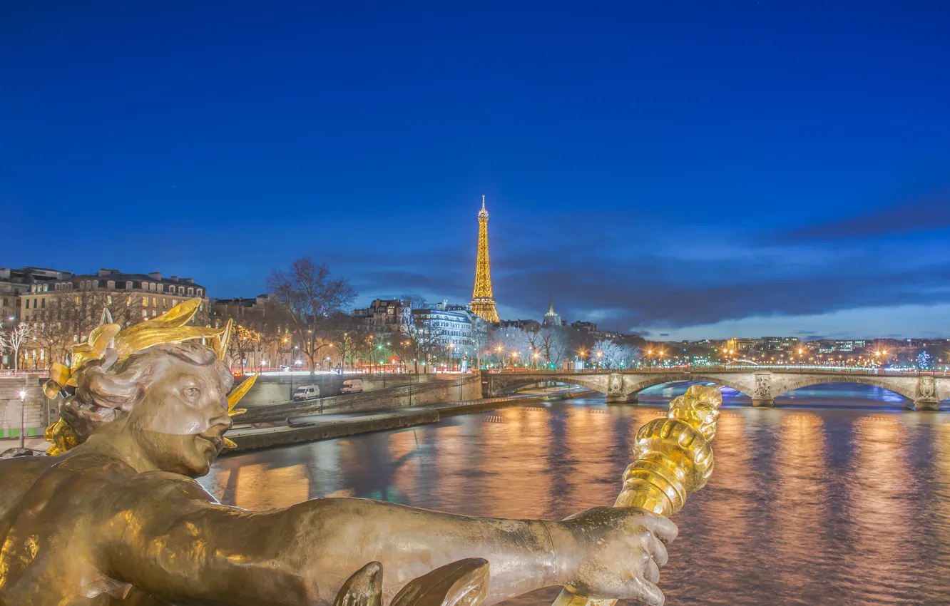Photo wallpaper night, bridge, lights, river, France, Paris, tower, Hay