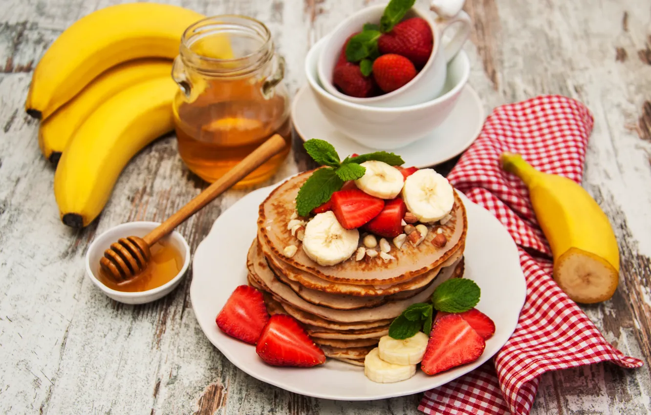 Photo wallpaper berries, Breakfast, strawberry, honey, bananas, nuts, pancakes, Olena Rudo