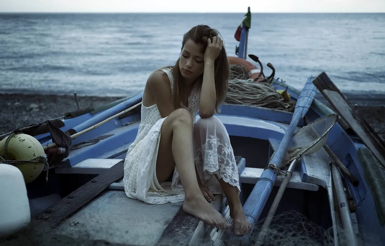 Photo wallpaper girl, shore, boat