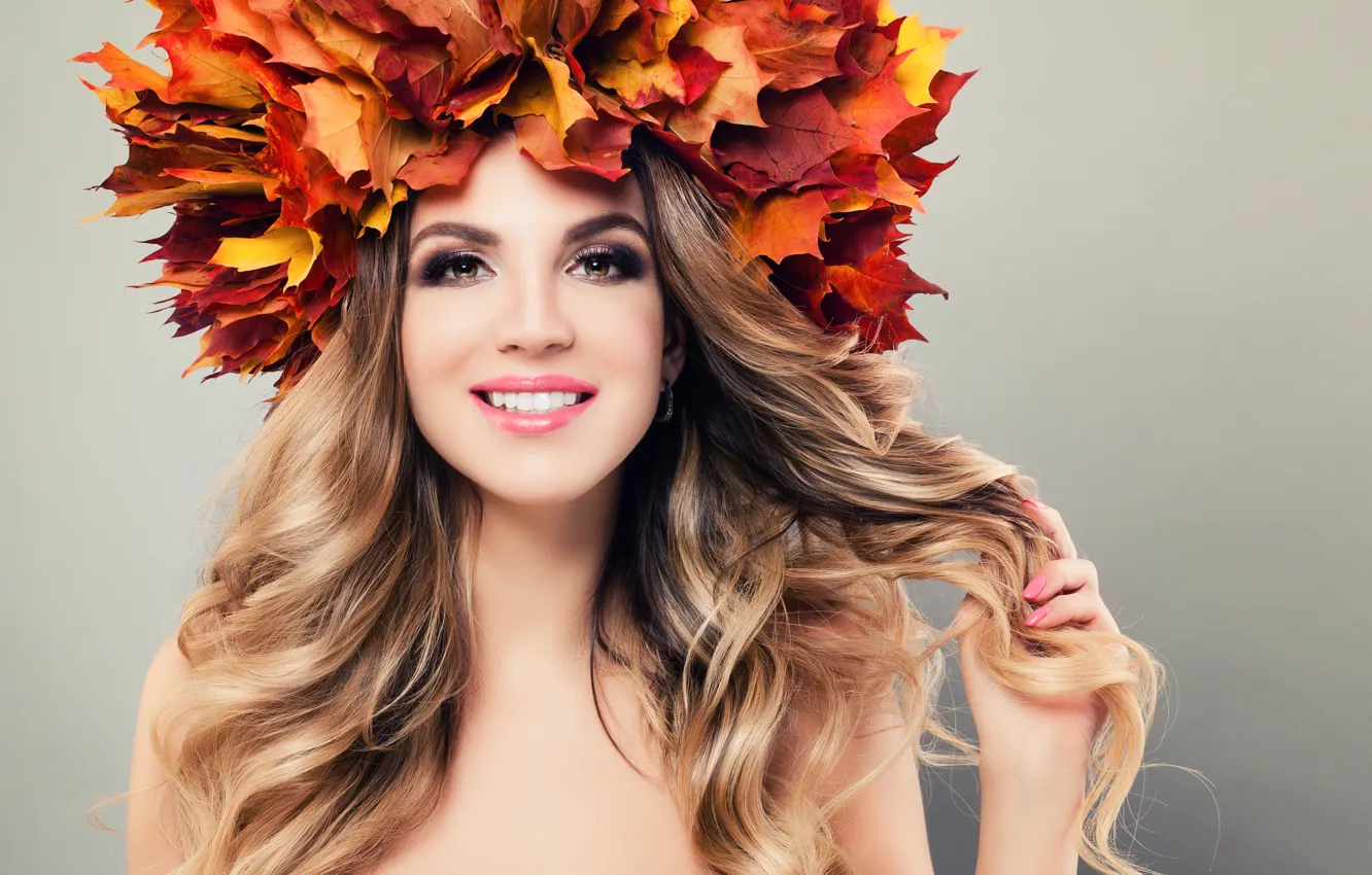 Photo wallpaper look, girl, red, face, hands, makeup, wreath, maple