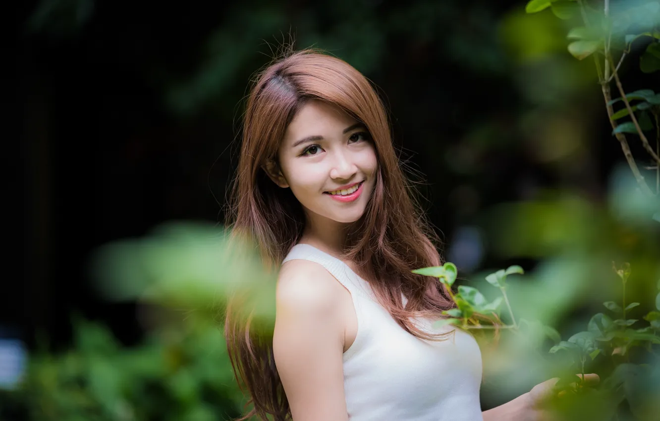 Photo wallpaper girl, smile, Asian, cutie, bokeh