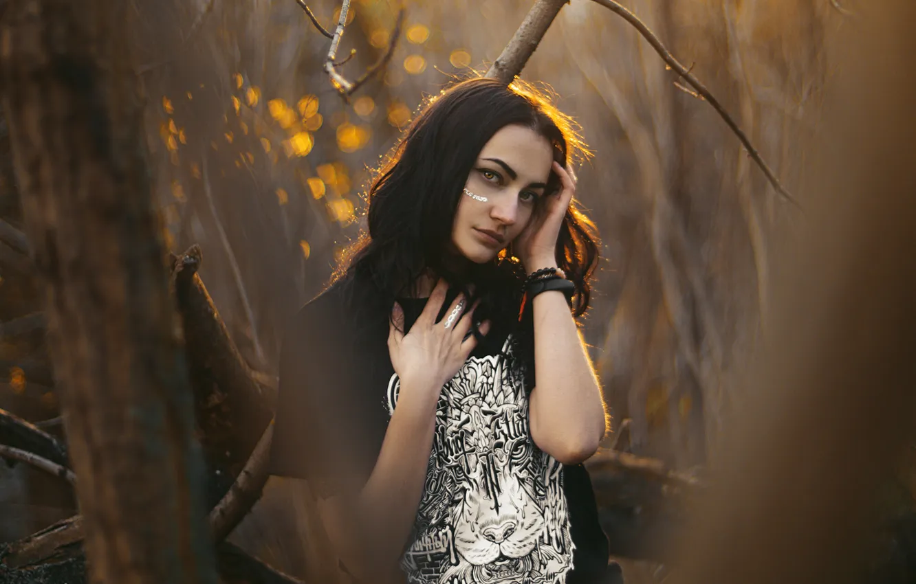 Photo wallpaper autumn, look, girl, light, branches, nature, pose, style