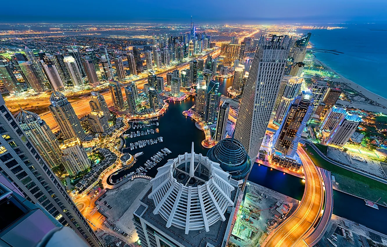 Photo wallpaper sea, coast, building, panorama, Dubai, night city, Dubai, skyscrapers