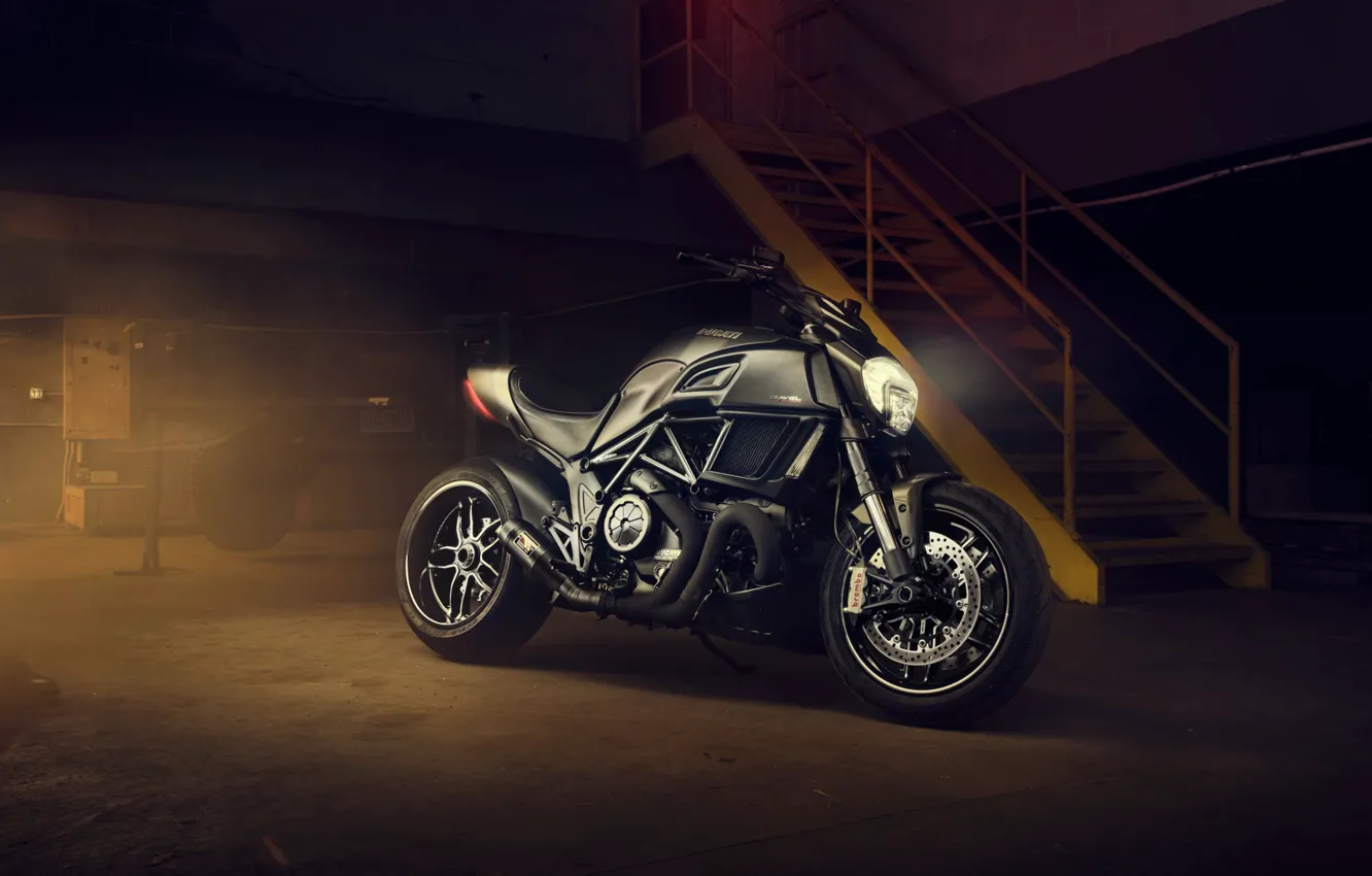 Photo wallpaper light, garage, headlight, ladder, motorcycle, Ducati, black, moto