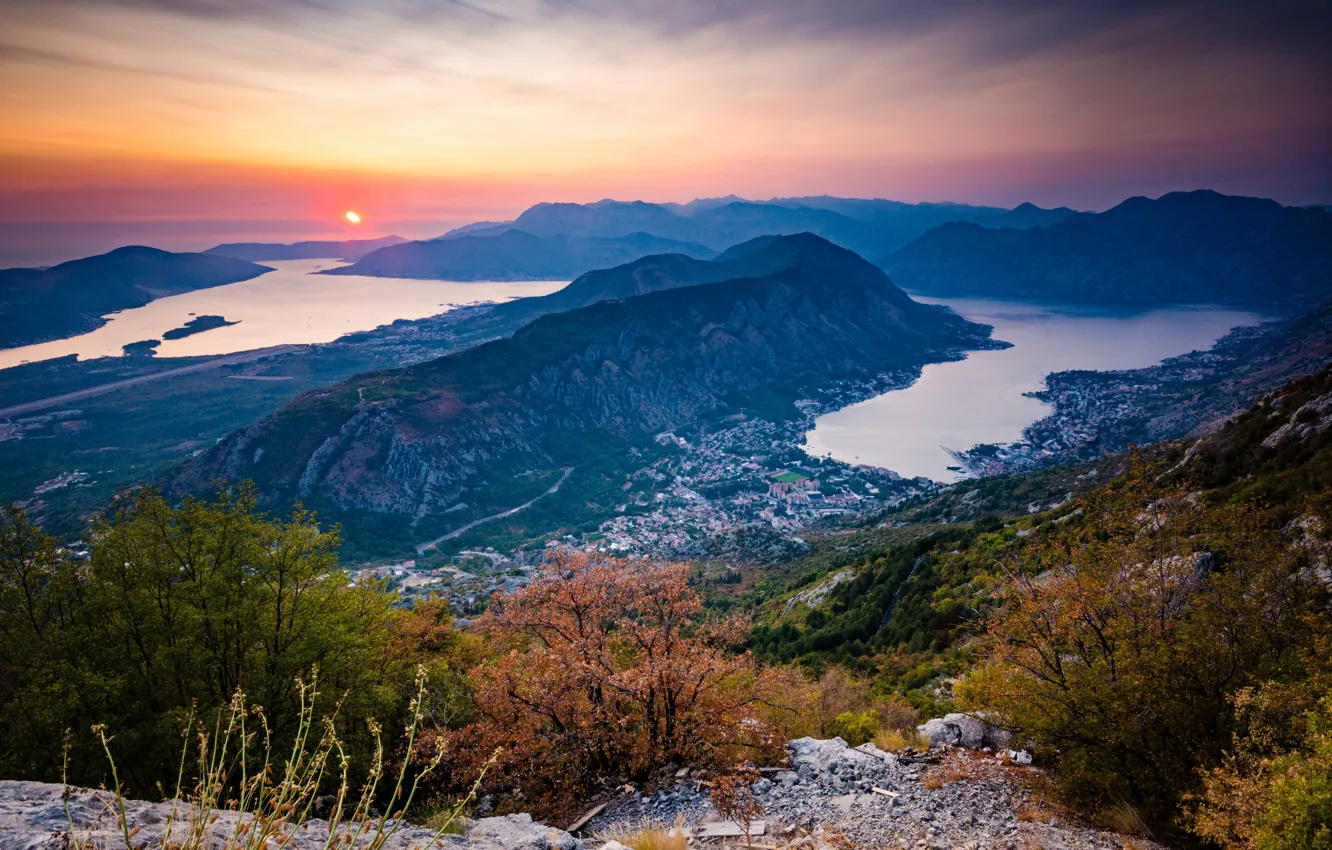 Photo wallpaper the sun, trees, sunset, mountains, dawn, hills, view, height