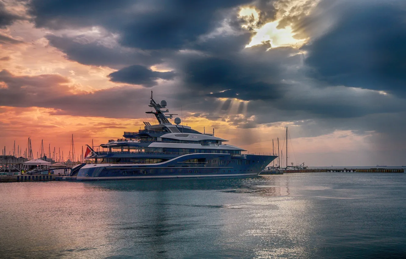 Photo wallpaper sea, sunset, yacht, pier, port