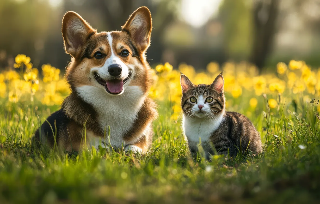 Photo wallpaper cat, cat, look, pose, each, dog, face, a couple