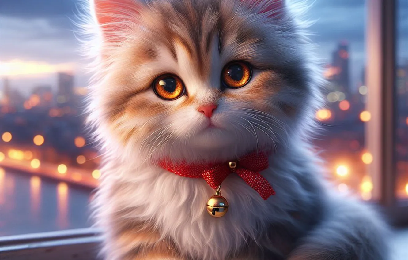 Photo wallpaper cat, the sky, look, glass, light, night, the city, lights