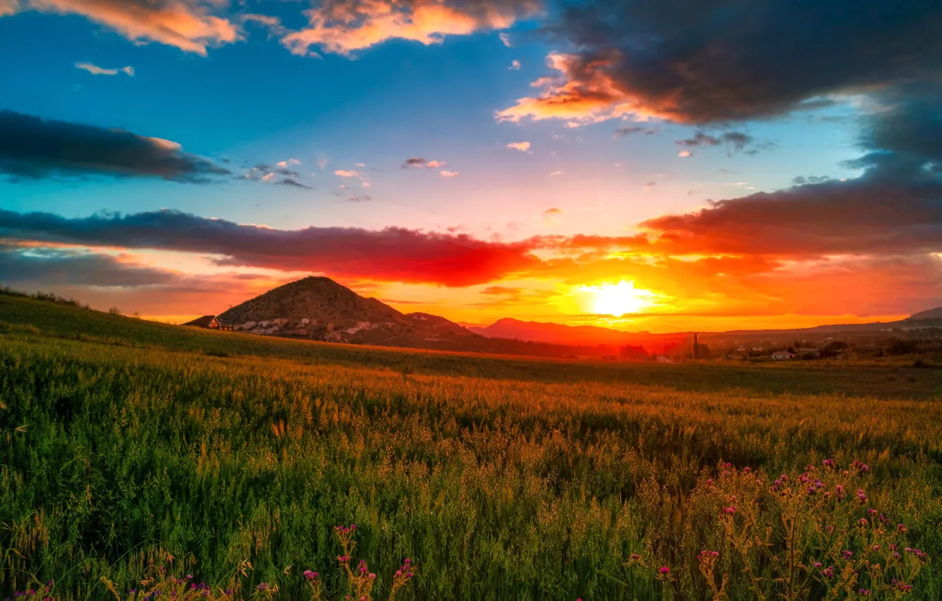 Photo wallpaper field, the sky, clouds, sunset, mountains, Spain