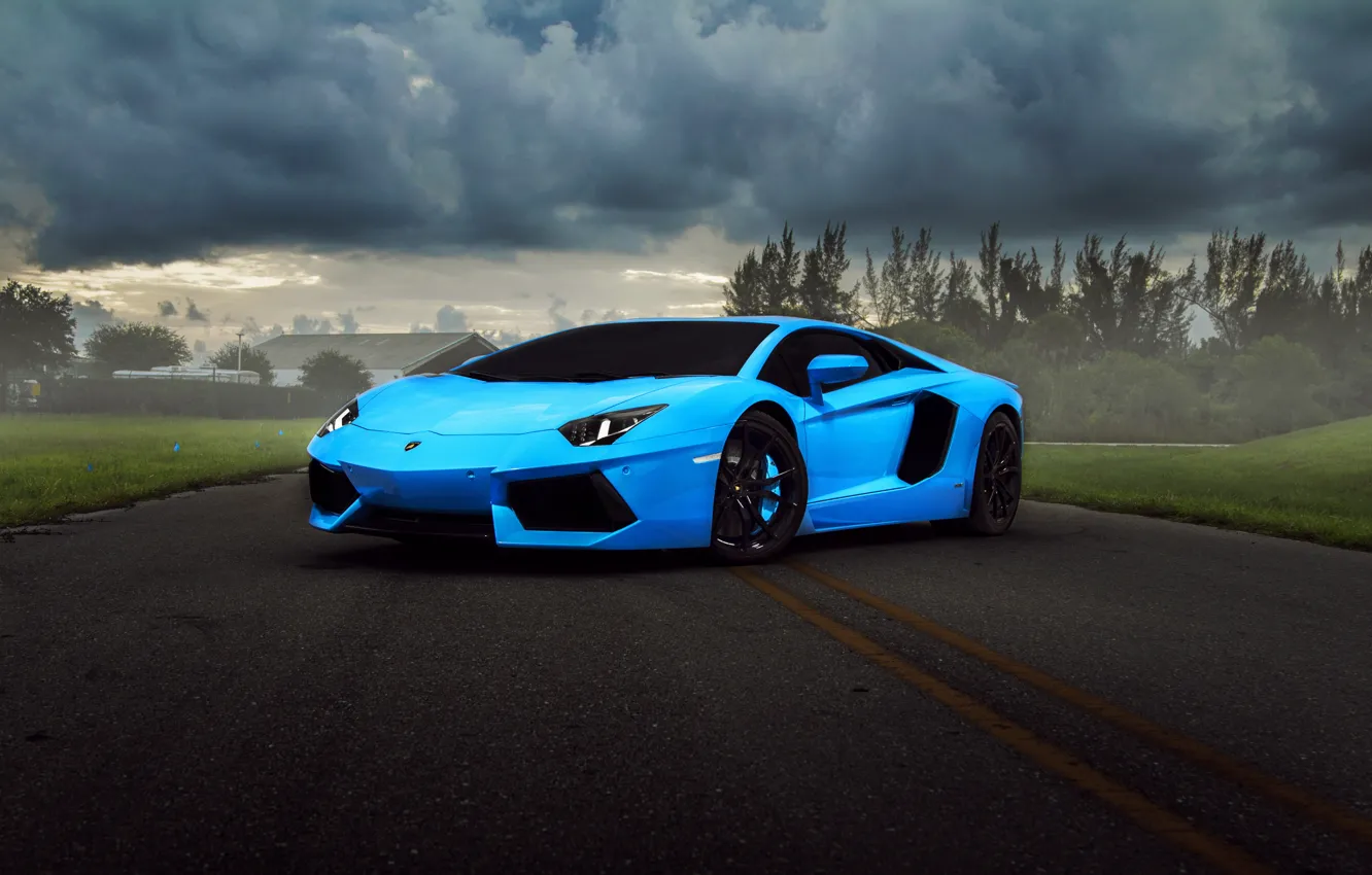 Photo wallpaper clouds, Lamborghini, supercar, blue, Aventador, hq Wallpapers