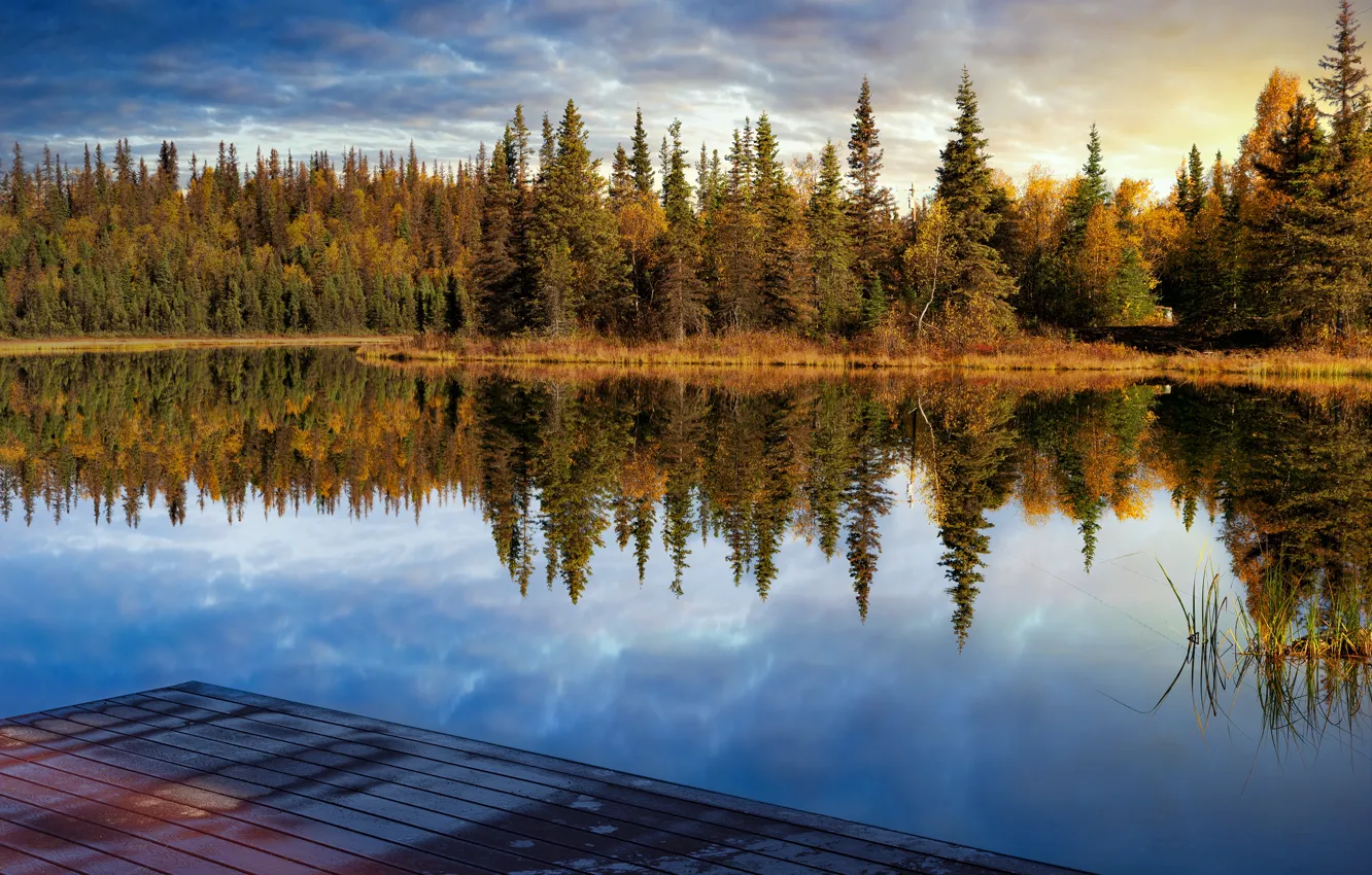 Photo wallpaper autumn, forest, clouds, lake, reflection, shore, ate, pier
