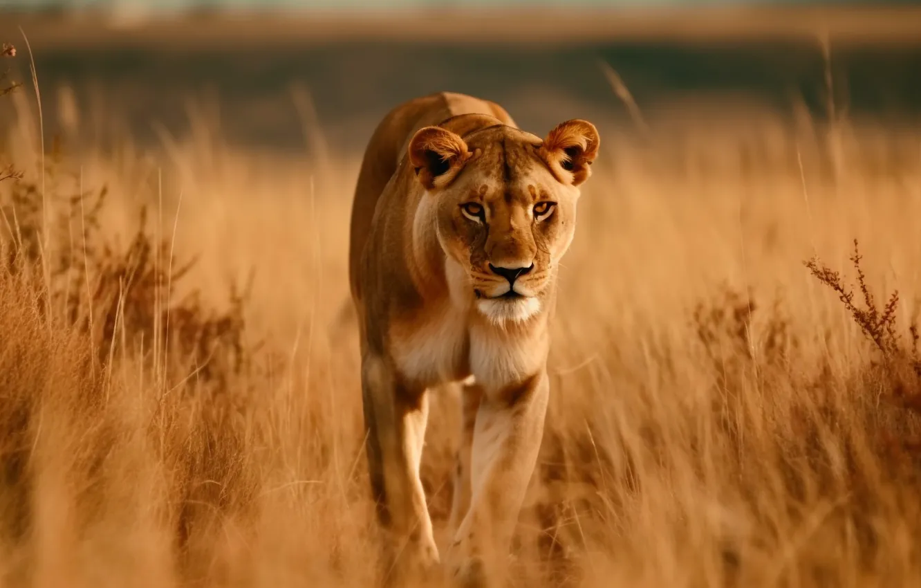 Photo wallpaper grass, look, Savannah, Africa, lioness, front, big cat, predator