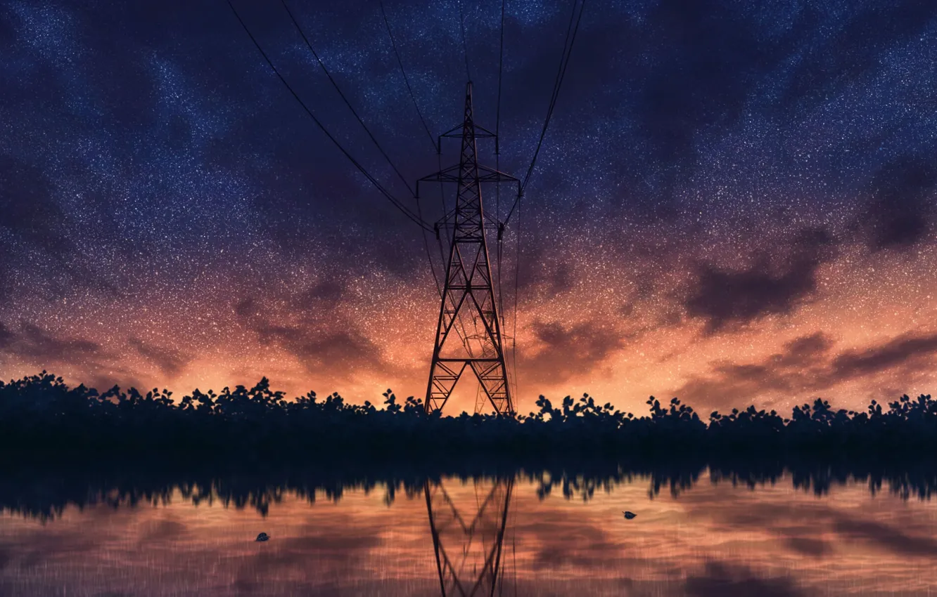 Photo wallpaper the sky, clouds, landscape, sunset, night, nature, lake, wire