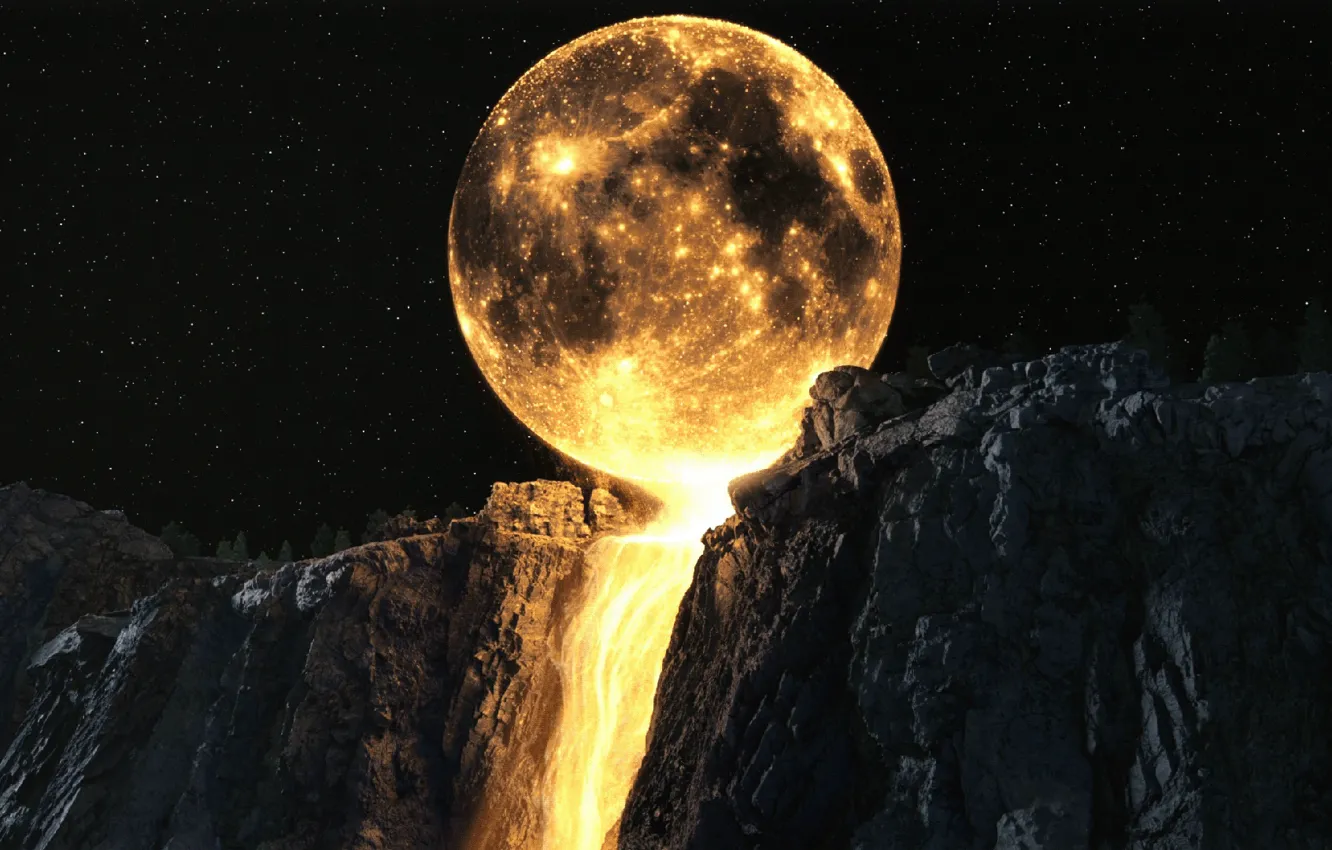 Photo wallpaper mountains, night, the moon, waterfall, moon, Samsung, waterfall of the moon, moon on the mountain