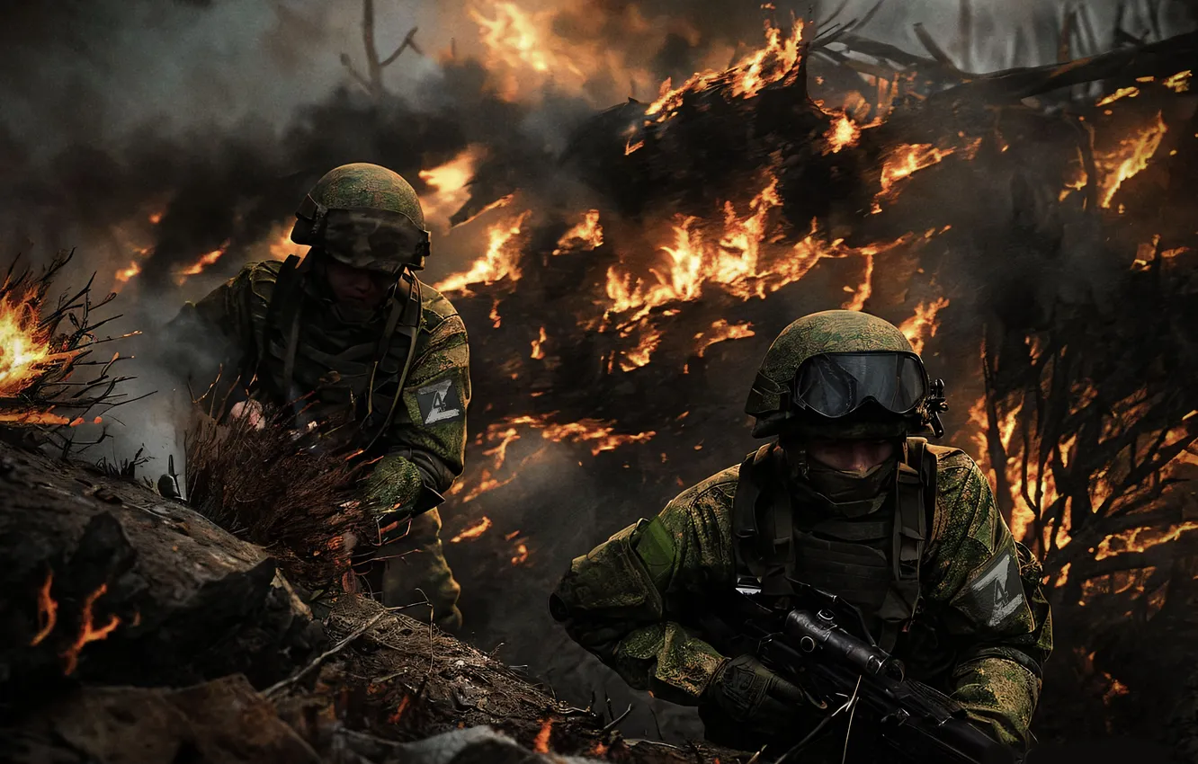 Photo wallpaper Smoke, Fire, War, Soldiers, Two, Russia, Machine, Art
