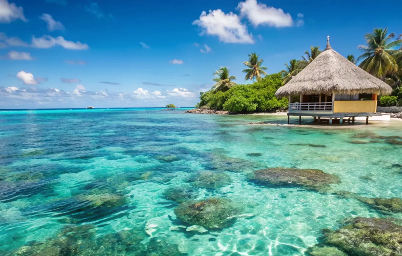 Photo wallpaper sand, sea, beach, summer, the sky, palm trees, summer, beach