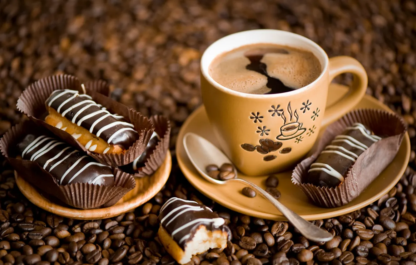 Photo wallpaper coffee, cake, coffee beans, eclairs