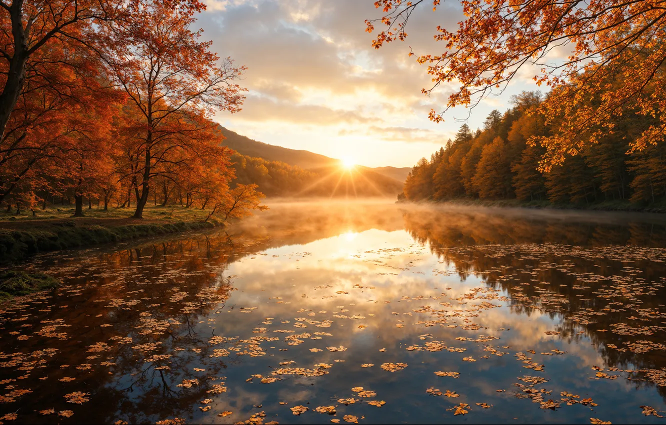 Photo wallpaper autumn, forest, the sky, the sun, clouds, rays, trees, mountains