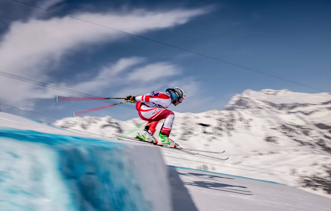 Photo wallpaper winter, snow, speed, athlete, male, Red Bull, Swiss Alps, The Swiss Alps