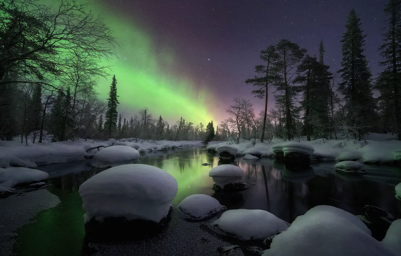 Photo wallpaper winter, Northern lights, trees, the sky, river