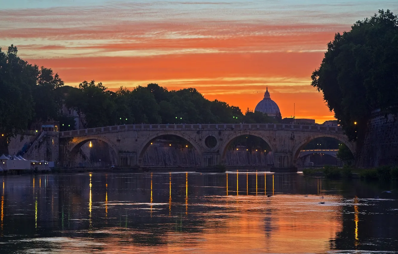 Photo wallpaper river, the evening, Rome, Italy, glow, the dome, The Tiber, St. Peter's Cathedral