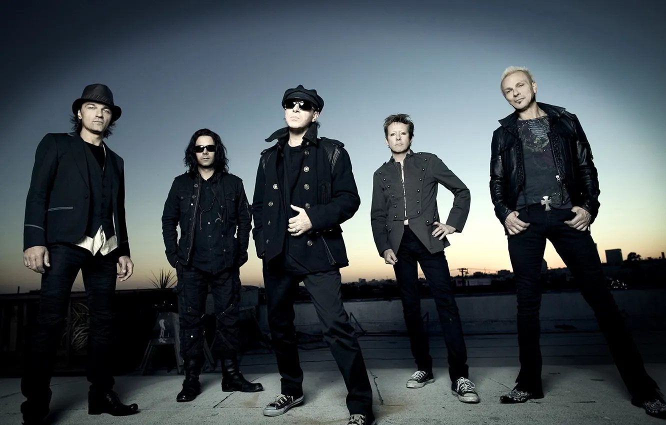 Photo wallpaper rock band, Scorpions, Klaus Meine, James Kottak, Paul Mantsivoda, Rudolf Schenker, Matthias Jabs
