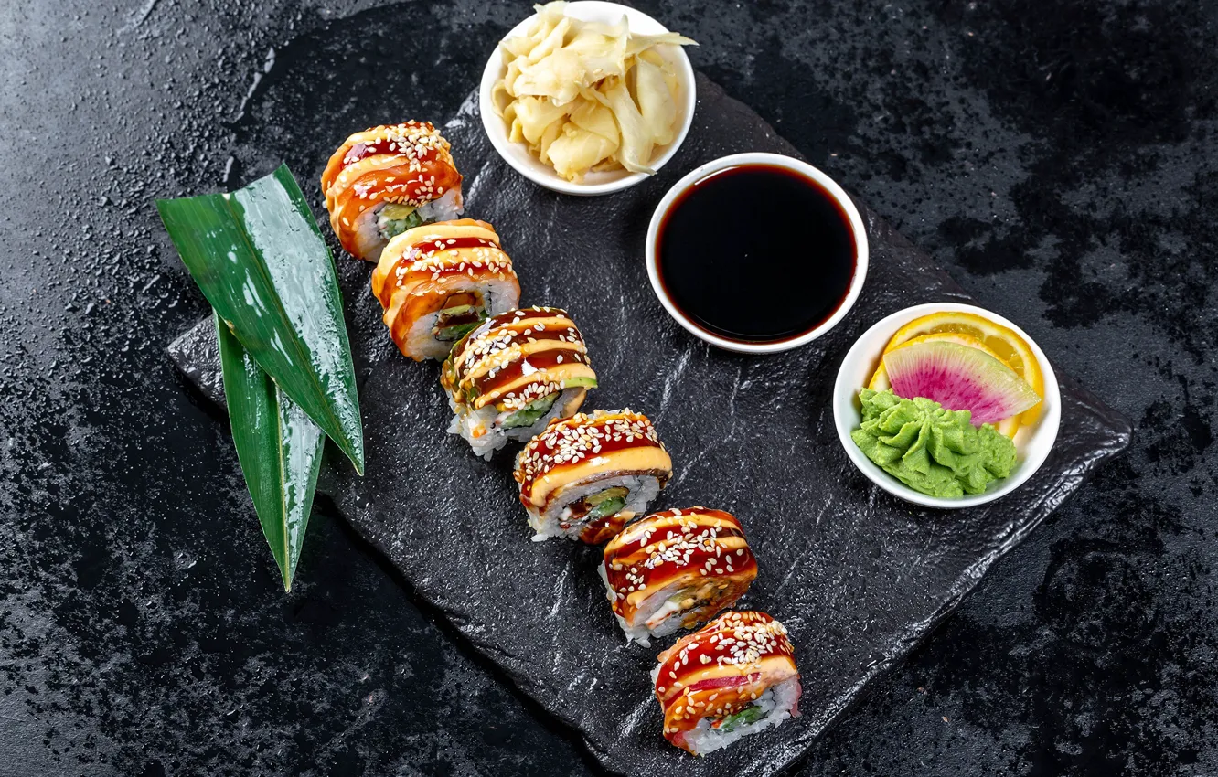 Photo wallpaper sauce, sushi, rolls, ginger