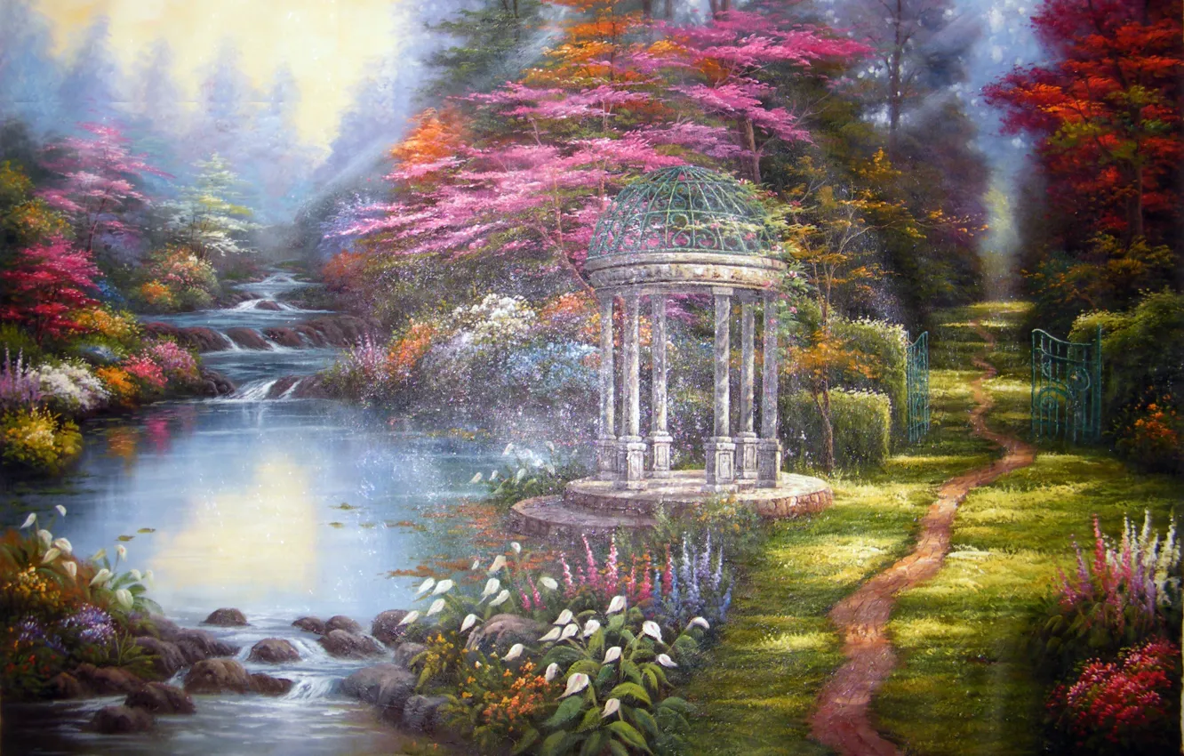 Photo wallpaper flowers, picture, river, painting, gazebo, path, Thomas Kinkade, The Garden of Prayer