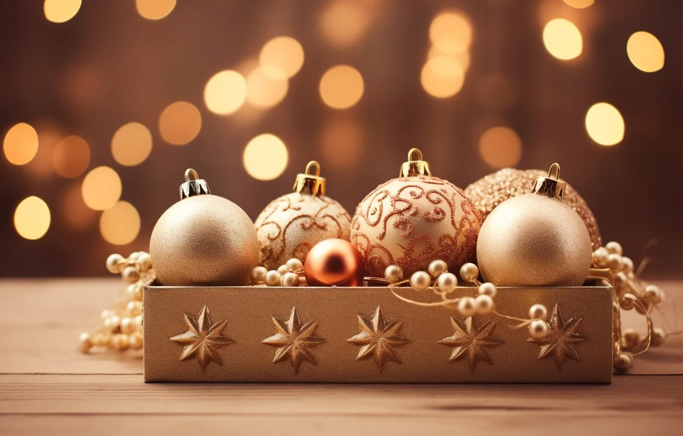 Photo wallpaper decoration, balls, new year, Christmas, golden, Christmas, balls, bokeh