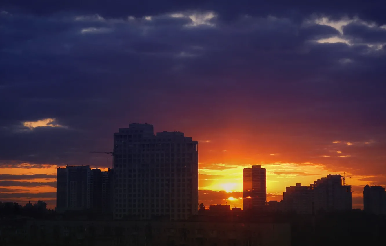 Photo wallpaper sunset, clouds, the city, dark, building, outgoing