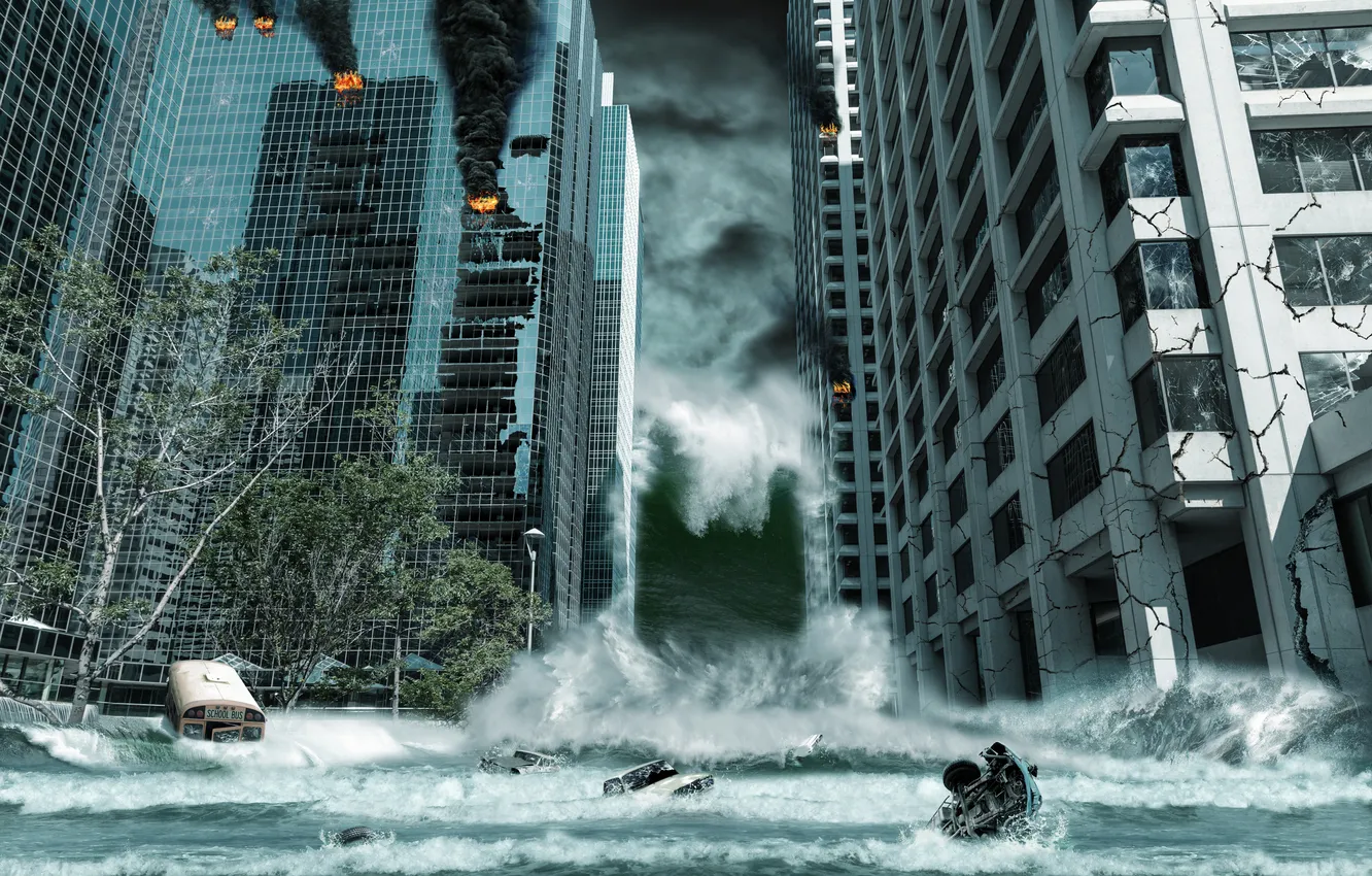 Photo wallpaper city, the city, Apocalypse, skyscrapers, storm, fantastic, tsunami, wave