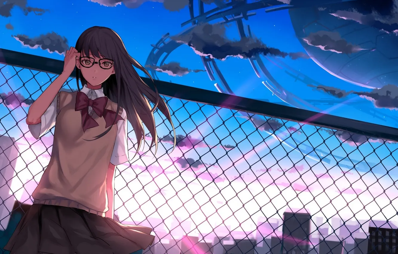 Photo wallpaper the sky, girl, clouds, sunset, the city, the fence, anime, art