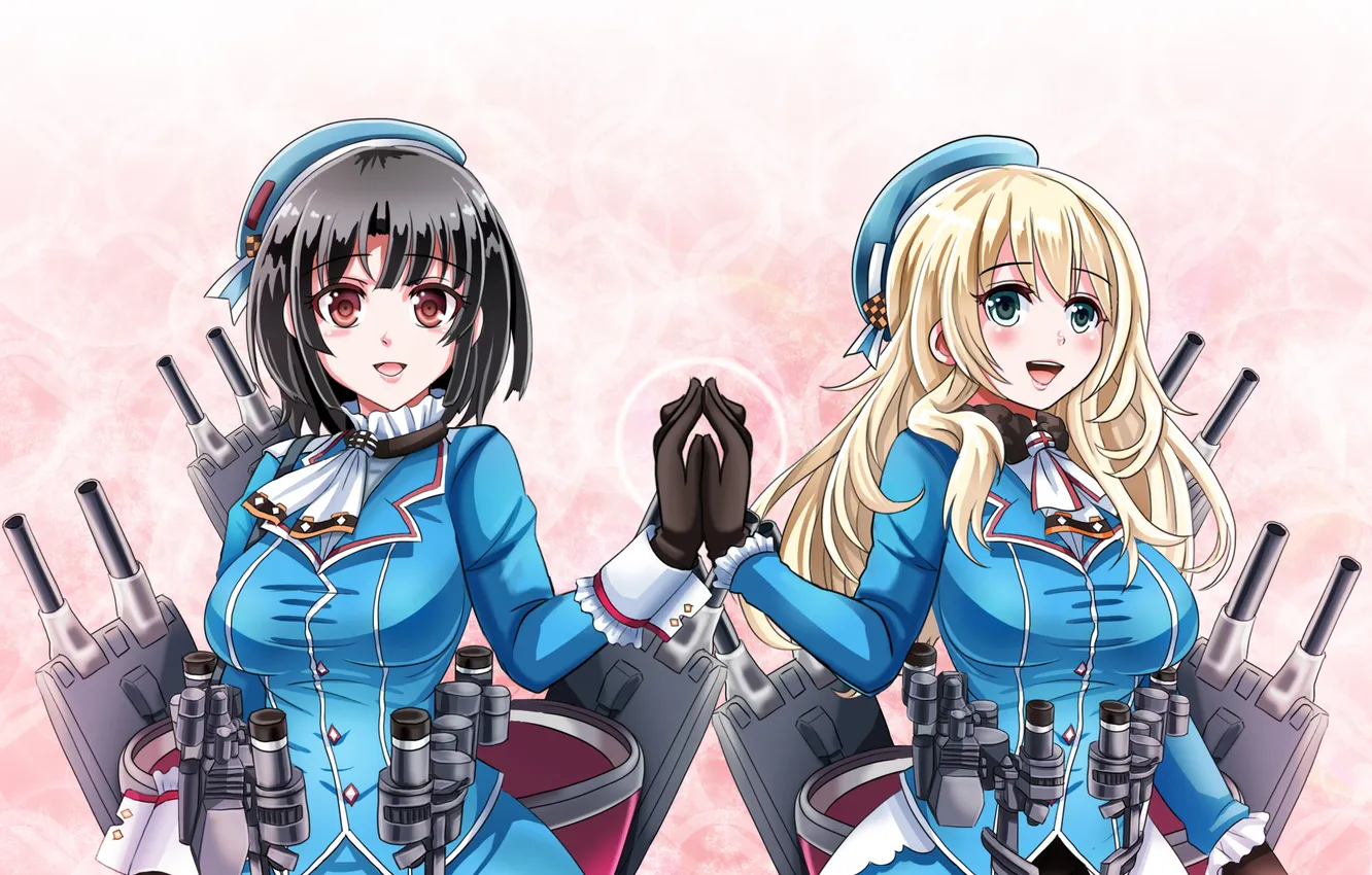 Photo wallpaper chest, look, girl, smile, weapons, background, brunette, blonde